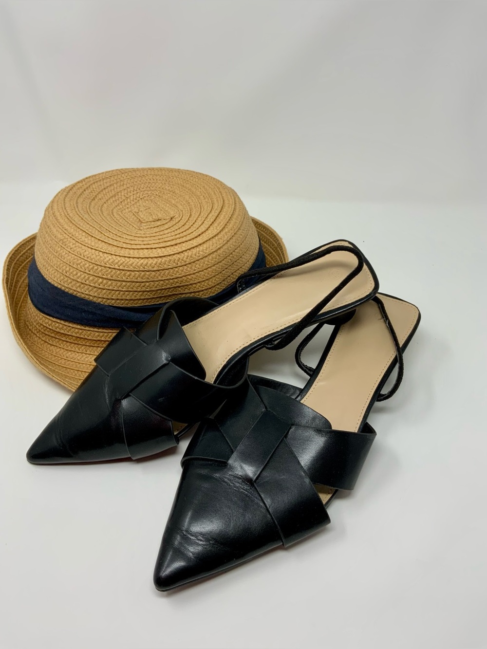 Black Pointed Leather Slingback Flats - Elegant Womenโs Shoes